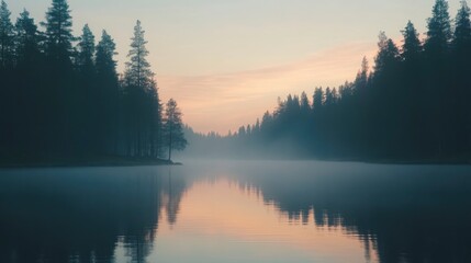 Fototapeta premium Serene misty lake at dawn surrounded by tall trees, reflecting soft colors of sunrise