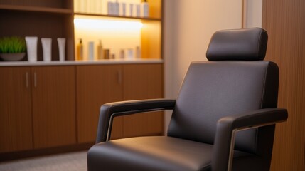 Modern minimalist interior featuring a sleek black chair in a well-lit, organized space