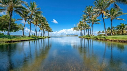 Obraz premium Serene tropical landscape with palm trees lining a calm waterway under a clear blue sky