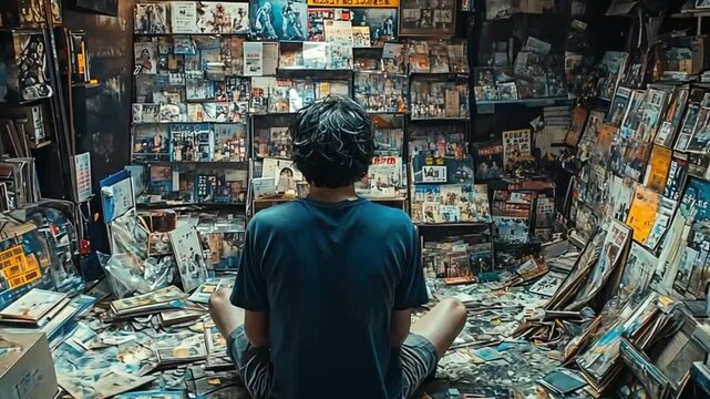 Person sits in cluttered shop filled with photos and books. Possible use for stock photo