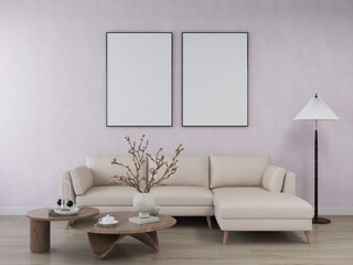 Living room with light wall, two blank vertical frames and interior decoration 3D rendering, interior design, 3D illustration
