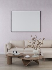 Living room with light wall, blank horizontal frame and interior decoration 3D rendering, interior design, 3D illustration