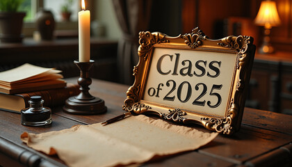 Class of 2025 framed sign on vintage desk with candlelight