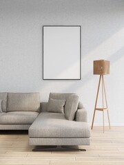 Living room with beige wall, blank vertical frame and interior decoration 3D rendering, interior design, 3D illustration