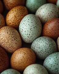 Close-up of various speckled eggs in earthy tones arranged artistically on a surface