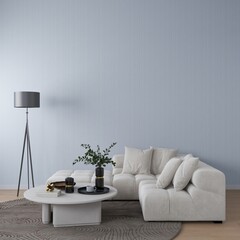 Living room with grey wall, sofa, decorated table and lamp. 3D rendering, interior design, 3D illustration