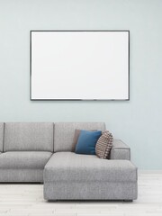 Living room with light wall, sofa, blank horizontal frame and interior decoration 3D rendering, interior design, 3D illustration
