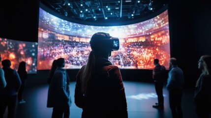 An interactive holographic demonstration takes center stage showing a virtual venue that simulates an event experience. A user adjusts the hologram through touch changing settings and