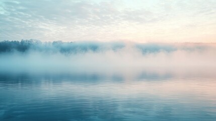 Misty sunrise over calm lake with trees.