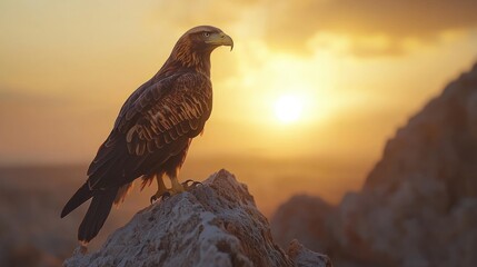 Fototapeta premium Majestic eagle perched on rock at sunset.