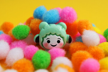 Happy among colorful plush spheres
