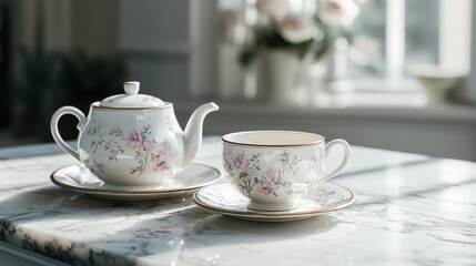 Fototapeta premium Floral Teapot and Cup on Marble Table.