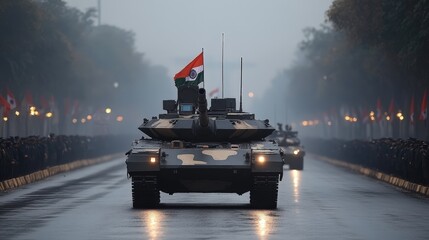 Tanks Parading on Foggy City Street
