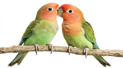 Obraz premium Two lovebirds perched on a branch, touching beaks. (1)