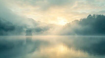 Fototapeta premium Serene sunrise over misty lake and mountains.