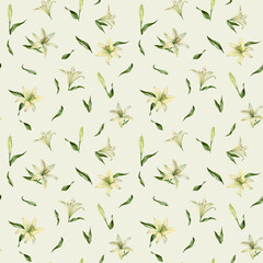 Floral pattern with green leaves and white lily. Watercolor illustration for greeting cards, gifts, decor, wallpapers, fine art and contemporary projects.