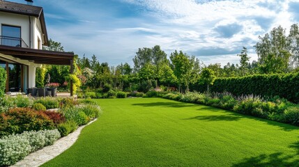 Fototapeta premium Luxury Home with Lush Green Garden and Landscaping