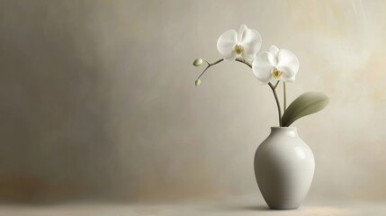 Two white orchids in a grey vase against a beige background.