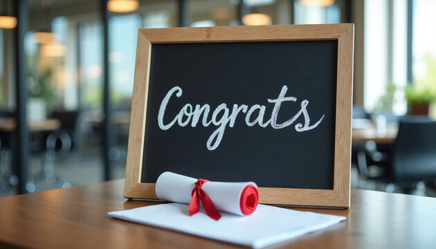 Congrats message on chalkboard with diploma on wooden table