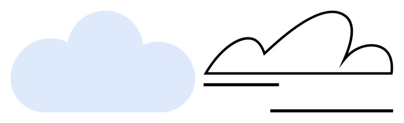 Soft blue cloud and black line art outline of a cloud with horizontal lines suggest nature contrast. Ideal for weather, environment, simplicity, creativity, balance, duality, minimal concepts. Flat