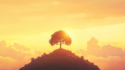 Solitary tree atop hill at sunset.