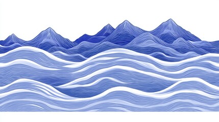 Fototapeta premium Blue Mountains rise behind a patterned sea with flowing water. Usable for website background