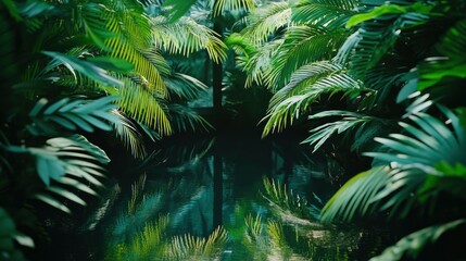 Fototapeta premium Lush Tropical Jungle with a Serene Waterway Reflecting Greenery and Sunlight in the Background