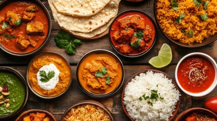 A colorful assortment of Indian dishes beautifully arranged on a wooden table. Aromatic curries, fragrant rice, and freshly made breads showcase rich culinary traditions