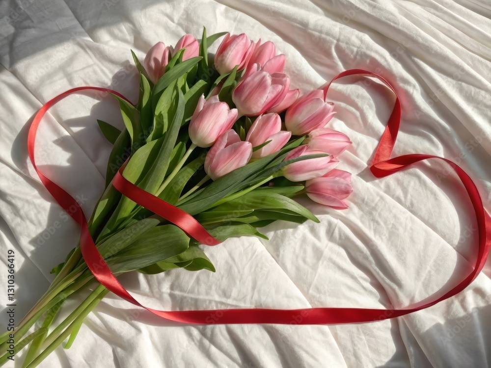 Poster a bouquet of pink tulips arranged elegantly with a red ribbon on a soft white background.