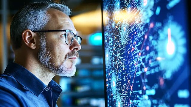 Seasoned network expert evaluating data streams in a high-tech control center.