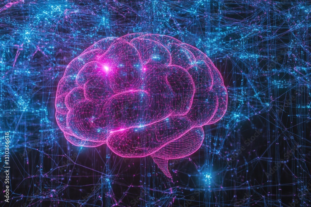 Aufkleber a digital brain with neon circuit patterns glowing in blue and pink, set against an abstract backgro