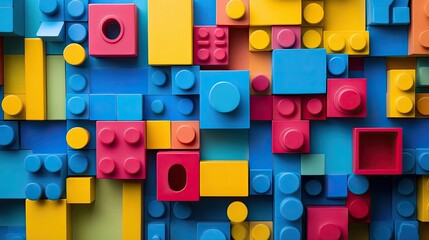 A creative composition of assorted toy blocks arranged in an artistic pattern with bold modern colors --ar 16:9 --v 6.1 Job ID: 0efda96f-a88e-4a41-a578-9a4b3ade7e0e