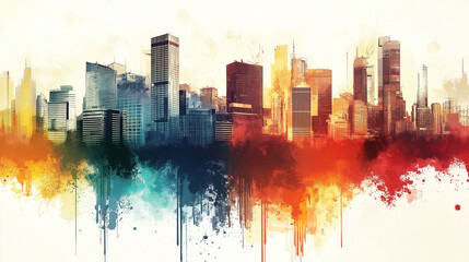 Obraz premium big city illustration with colorful 2d design on a white background, artistic painting with urban buildings and cityscape silhouette, art splash decoration with urban style and colorful painting look