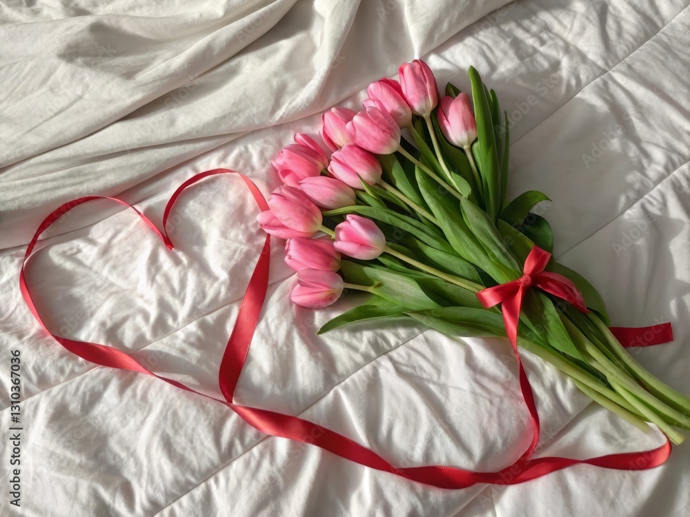 Poster a bouquet of pink tulips arranged elegantly with a red ribbon on a soft white background.