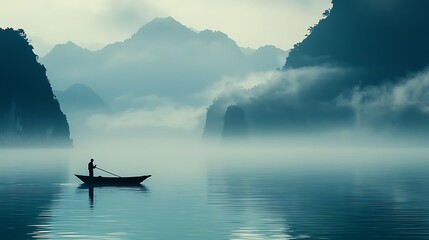 Misty mountain lake scene with boat