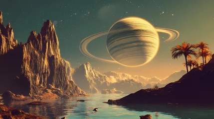 Fototapete Rund Moonlit alien planet with exotic landscapes and a massive ringed planet in the sky. Uncharted - Island. Illustration © Thiago