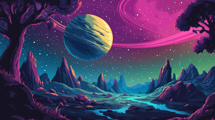 Naklejka premium Moonlit alien world with ringed planet sky. Uncharted - Island. Illustration