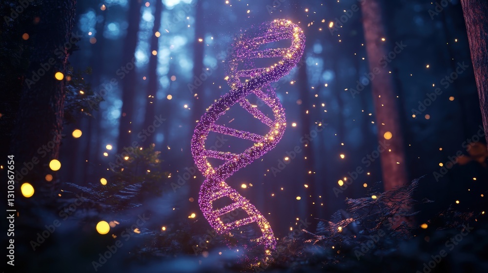 Poster a glowing dna double helix floats amid a mystical forest, illuminated by soft lights, creating a cap