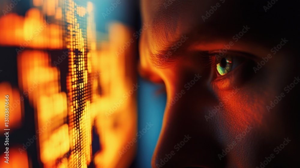 Poster a closeup of the investors face illuminated by the glow of multiple monitors reflecting charts and c