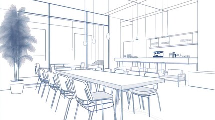 Modern cafe interior blueprint sketch, empty