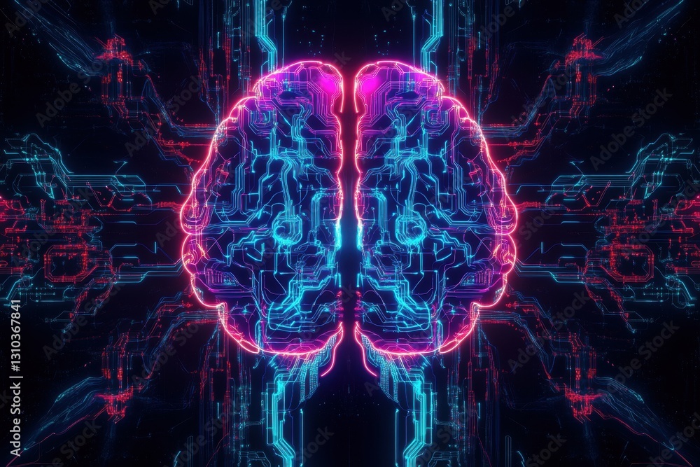 Poster a digital brain made of neon lights and circuit patterns, representing the advanced technology behin
