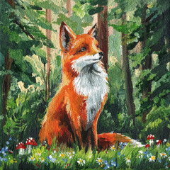 Forest dweller, cute fox. Acrylic painting, beautiful painting for interior, natural design. Animal Oil painting canvas