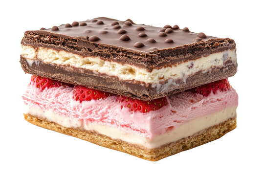 Delicious layered dessert featuring chocolate, strawberry, and cream flavors on a light crust base