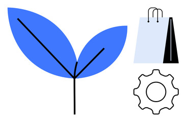 Blue leaf sprout, paper shopping bag, and gear element emphasizing sustainability, growth, and innovation. Ideal for eco-business, environmental care, retail evolution, clean energy green