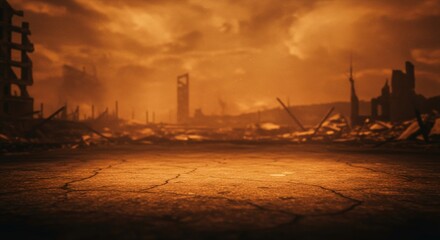 Post-apocalyptic cityscape with cracked earth and destroyed buildings silhouetted against fiery orange sky. Doomsday concept for book cover or game background. End of world scenario.