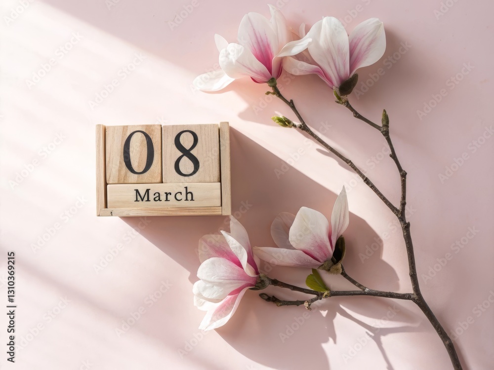 Poster the image features a date and month represented with wooden blocks alongside delicate magnolia flowe