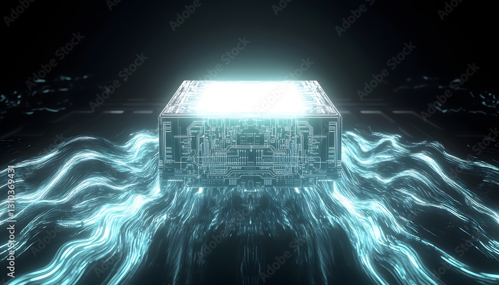 Poster glowing circuit box emits data streams