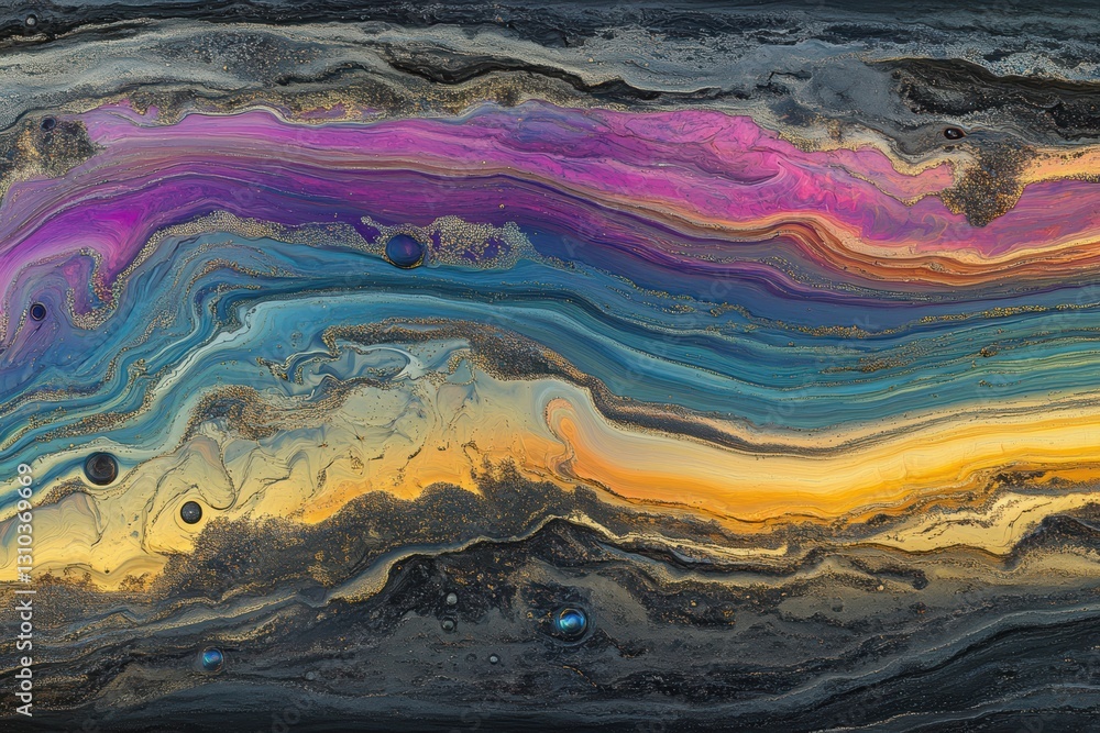 Poster a vibrant fluid painting displayed on a dark background, showcasing colorful swirls and patterns.