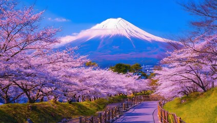 Fototapeta premium The most beautiful mountain in the world with cherry blossom gardens 