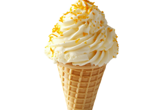 Swirled vanilla soft serve ice cream topped with orange zest in a waffle cone served on a bright background